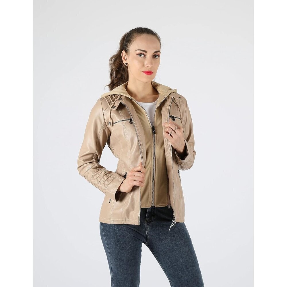 Women's Apricot Hooded Moto Biker Outerwear Fall Fashion Faux Leather Jacket - Picture 2 of 5